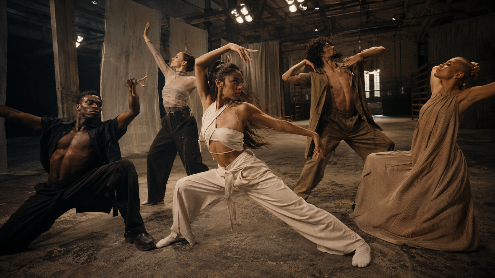 A group of five people moving together in a warehouse studio