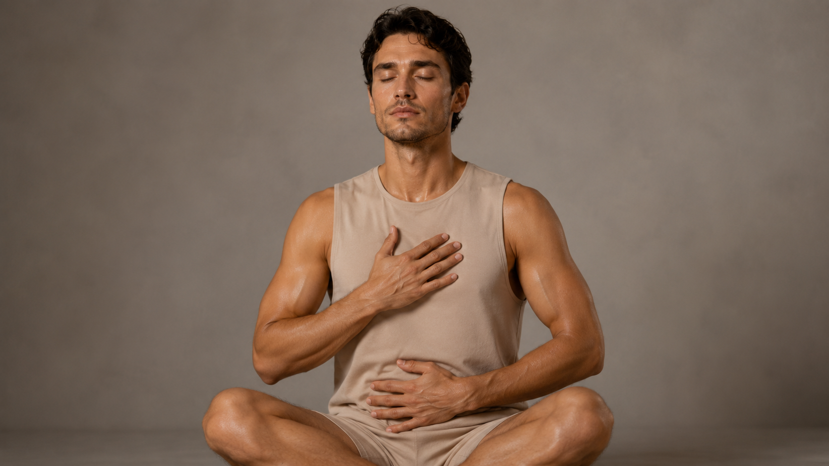 A man seated quietly, hand resting on his chest
