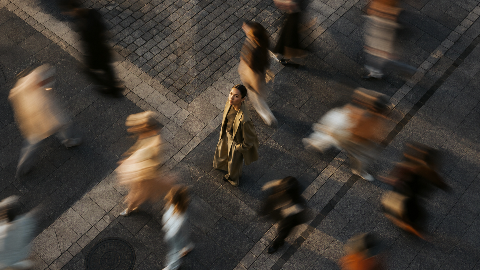 One person standing still in a moving crowd, seen from above
