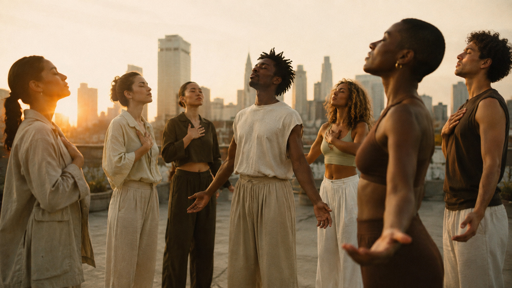 A group standing still on a rooftop at sunrise